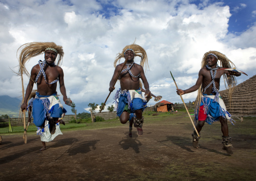 Traditional intore dancers during a folklore event in a village of former hunters, Lake Kivu, Ibwiwachu, Rwanda