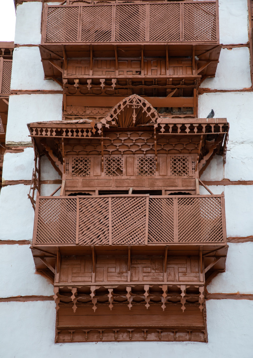 Wooden mashrabiya of an old house in al-Balad quarter, Mecca province, Jeddah, Saudi Arabia