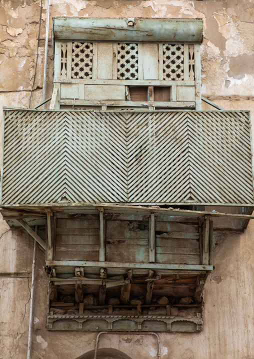 Wooden mashrabiya of an old house in al-Balad quarter, Mecca province, Jeddah, Saudi Arabia