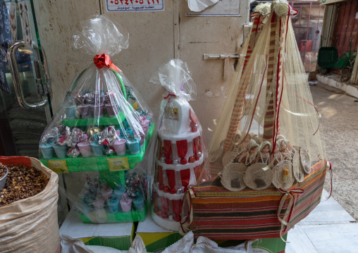 Wrapped gifts for wedding for sale in a shop, Jizan Province, Sabya, Saudi Arabia