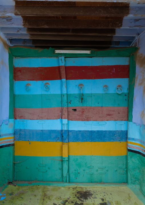 Old colorful door in al Khalaf village, Asir province, Sarat Abidah, Saudi Arabia