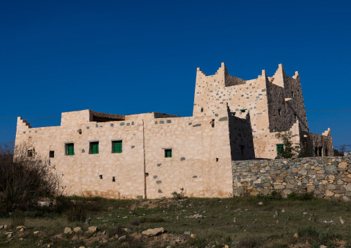 Old traditional house against blue sky, Asir province, Al-Namas, Saudi Arabia