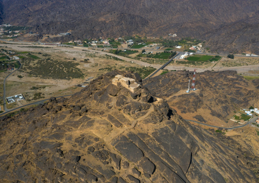 Aerial view of a fort on a rocky hill, Najran Province, Najran, Saudi Arabia