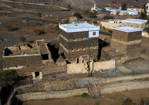 Aerial view of stone and mud houses with slates, Asir province, Sarat Abidah, Saudi Arabia