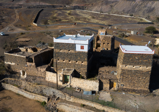 Aerial view of stone and mud houses with slates, Asir province, Sarat Abidah, Saudi Arabia