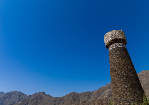 Watchtower used as a granary in rijal alma traditional village with typical aseeri architecture, Rijal Almaa Province, Rijal Alma, Saudi Arabia