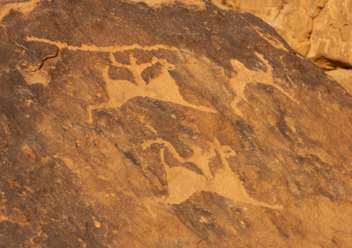Petroglyphs depicting hunters on horses in abar himma, Najran Province, Najran, Saudi Arabia