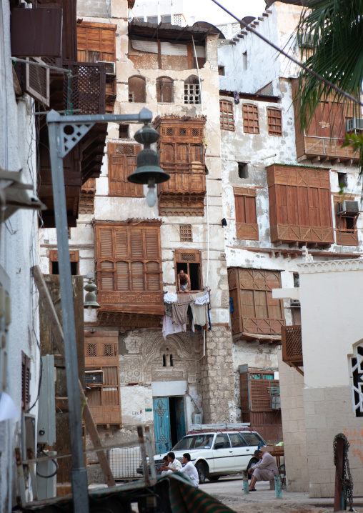 Houses with wooden mashrabia and rowshan in the old quarter, Hijaz Tihamah region, Jeddah, Saudi Arabia