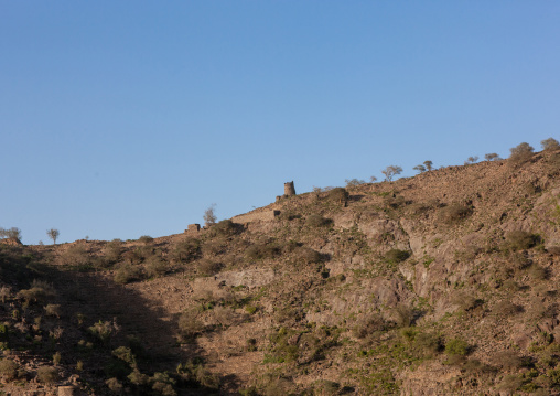 Old watchtower on a hill, Al-Sarawat, Fifa Mountains, Saudi Arabia