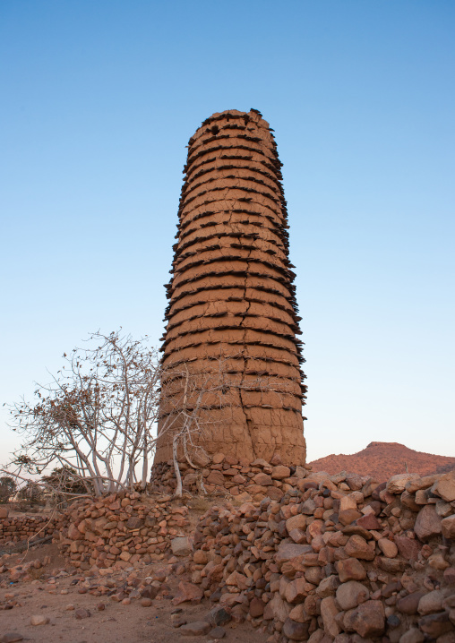 Traditional clay and silt watchtower used as a granary, Asir Province, Aseer, Saudi Arabia