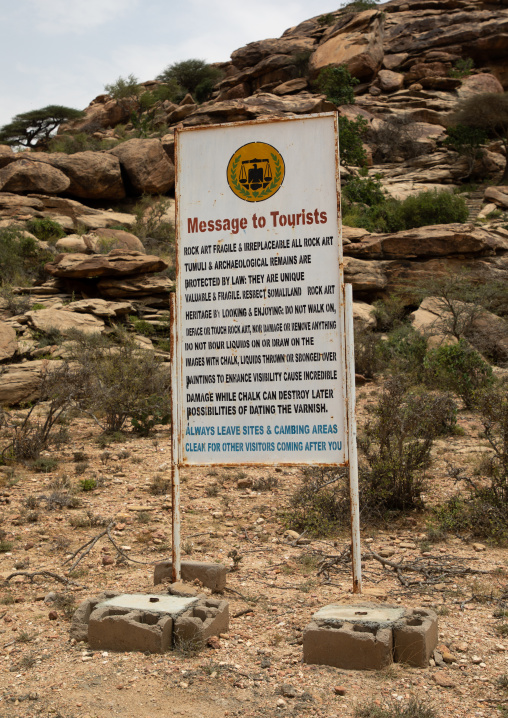 Warning billboard for tourists in the archaeological site, Woqooyi Galbeed, Laas Geel, Somaliland