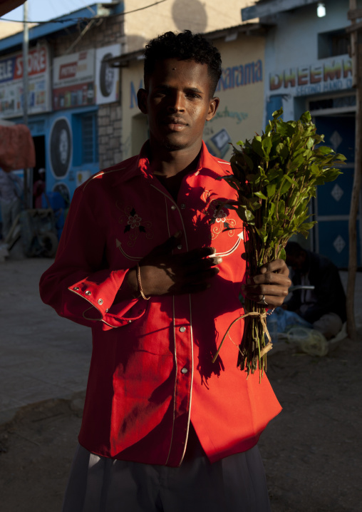 A Man Holding A Branch Of Khat In Hand On The Street, Hargeisa, Somaliland