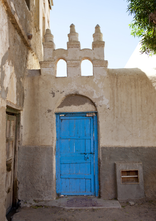 Inside Patio And Blue Door Of A Well Conserved Former Ottoman House, Berbera,  Somaliland