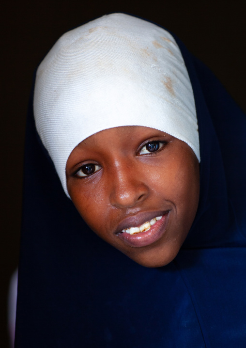 Portrait of a somali young woman in white hijab, North-Western province, Berbera, Somaliland