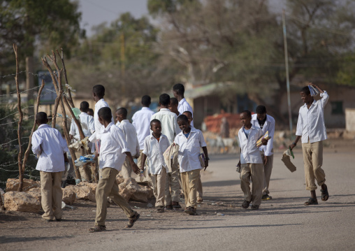 Shoolboys Wearing Their School Uniform And Carrying Their Books Passing By A Street, Burao, Somaliland