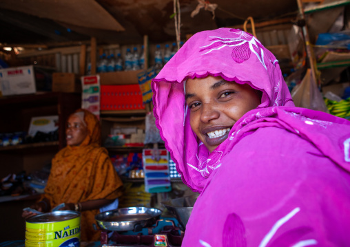 Potrait of a somali woman in a shop, Woqooyi Galbeed province, Baligubadle, Somaliland
