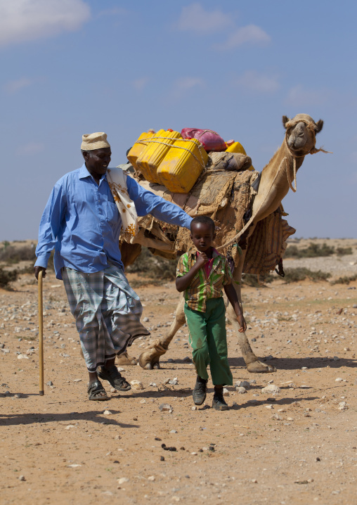 A Man And A Youngster Transporting Water In Yellow Containers Through The Desert on A Camel Back, Degehabur Area, Somaliland