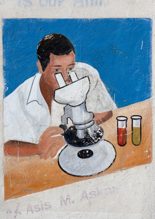 Advertisement For A Laboratory Painted ONto A Wall And Depicting A Man Looking Through A Microscope, Boorama, Somaliland