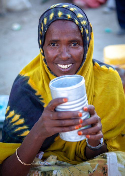 Portrait of a smiling somali woman in a market, Woqooyi Galbeed region, Hargeisa, Somaliland