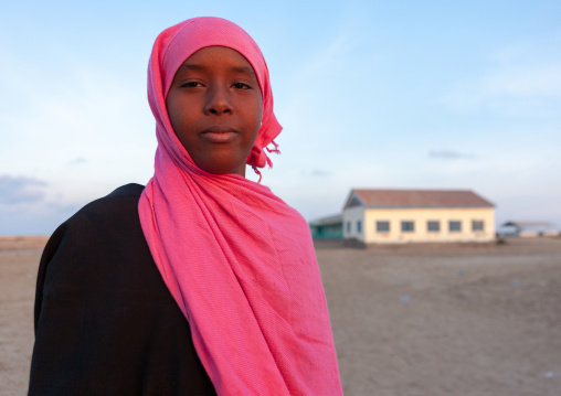 Portrait of a somal girl in pink hijab, Awdal region, Zeila, Somaliland