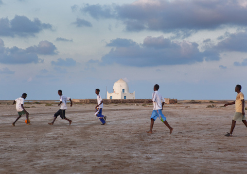 Young Boys Playing Football With Mausoleum In Background, Zeila, Somaliland
