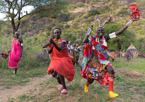 Larim tribe women dancing during a wedding celebration, Boya Mountains, Imatong, South Sudan