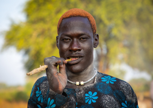 Portrait of a Mundari tribe man with hair dyed in orange with cow urine using a wooden toothbrush, Central Equatoria, Terekeka, South Sudan