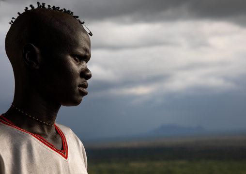 Lotuko tribe man with a special hairstyle, Central Equatoria, Illeu, South Sudan
