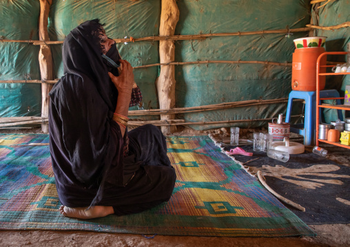 Rashaida tribe woman inside her tent, Kassala State, Kassala, Sudan