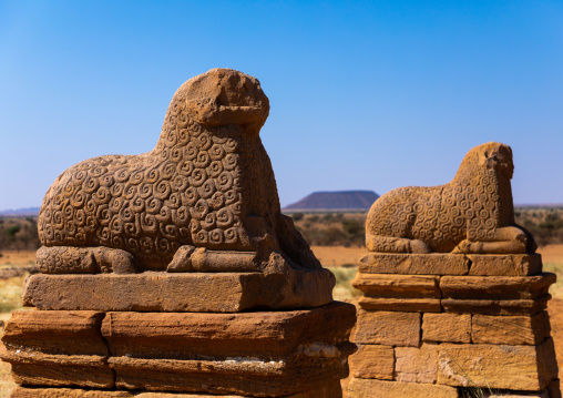 A row of rams with tidy woollen curls is guarding the access way to the temple of Amun, Nubia, Naqa, Sudan