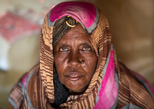 Portrait of a Beja tribe woman, Red Sea State, Port Sudan, Sudan
