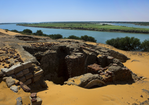 Sudan, Nubia, Old Dongola, the ruins of the medieval city of old dongola in front of river nile