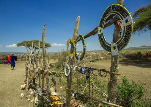 Tanzania, Ashura region, Ngorongoro Conservation Area, massai beaded bracelets and necklaces for sale at a village market