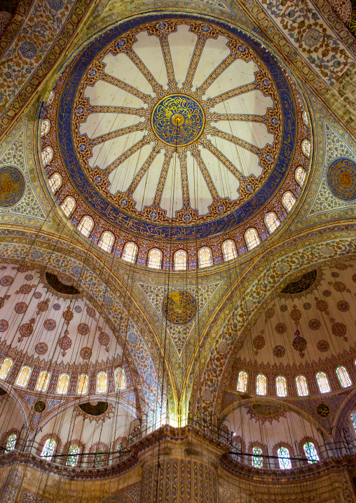 Interior low angle view of the sultan ahmed mosque or Blue mosque, Sultanahmet, istanbul, Turkey