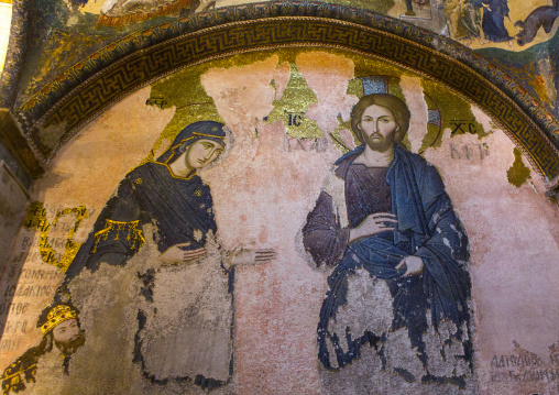 Mosaic in the esonarthex of the deesis which shows the virgin mary and john the baptist interceding with christ in the byzantine church of st. Savior in Chora, Edirnekapı, istanbul, Turkey