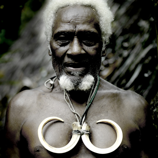 Portrait of chieftain Jean-Denis with wild pig tusks, Ambrym island, Olal, Vanuatu