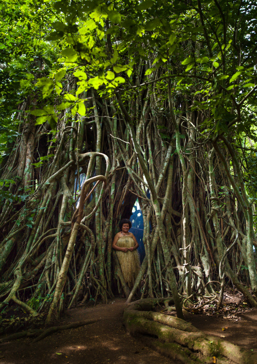 Woman in traditional skirt standing under a banyan tree, Efate Island, Port Vila, Vanuatu