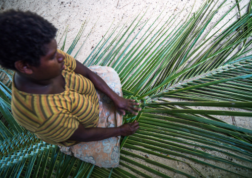 Ni-Vanuatu woman weaving a palm leaf to make a roof, Malekula island, Gortiengser, Vanuatu
