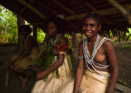 Smiling Small Nambas tribeswomen during the palm tree dance, Malekula island, Gortiengser, Vanuatu