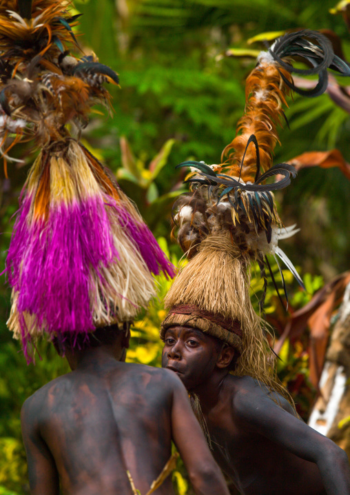 Small Nambas children with Big headdresses dancing during the palm tree dance, Malekula island, Gortiengser, Vanuatu
