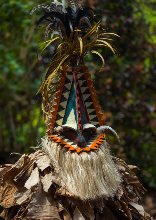 Tribesmen dressed in colorful masks and costumes made from the leaves of banana trees performing a Rom dance, Ambrym island, Fanla, Vanuatu
