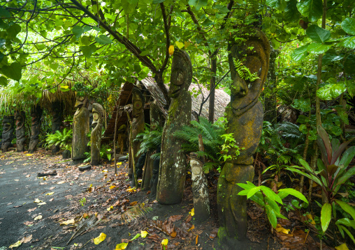Slit gong drums and fern tree grade figures in the jungle, Ambrym island, Olal, Vanuatu