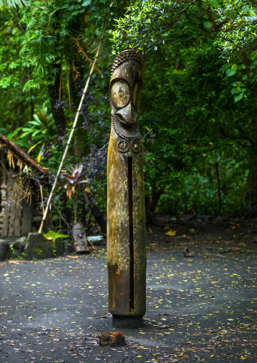Slit gong drum in front of a nakamal in the jungle, Ambrym island, Olal, Vanuatu