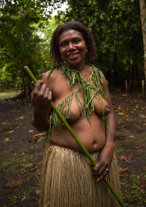 Topless ni-vanuatu woman with a grass skirt, Ambrym island, Olal, Vanuatu