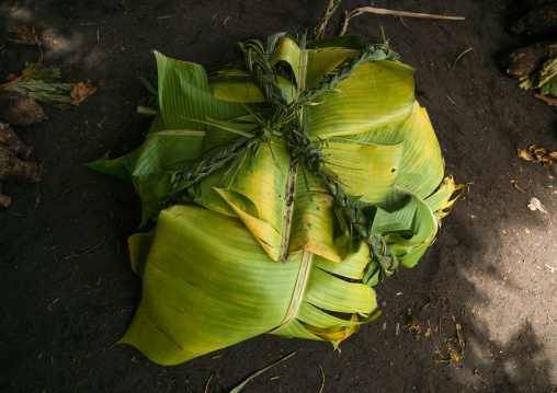 Meat packed in banana leaves offered as gifts for a traditional wedding, Malampa Province, Ambrym island, Vanuatu