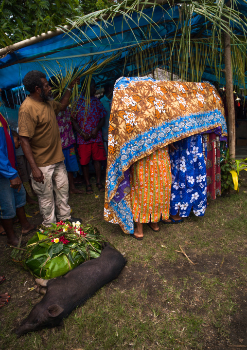 People queueing to meet the bride and the groom during a traditional wedding, Malampa Province, Ambrym island, Vanuatu