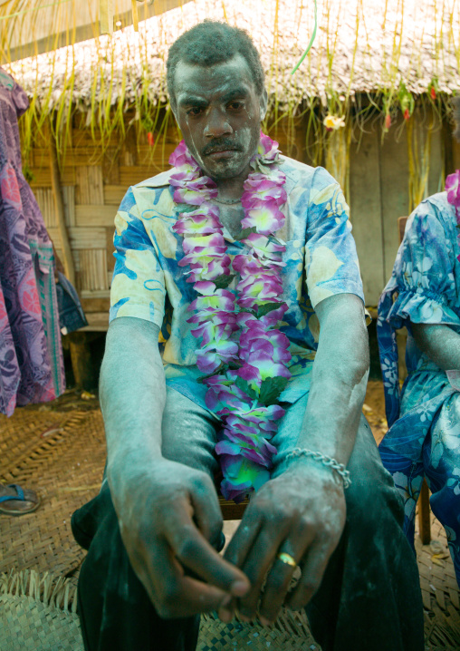 Groom covered in flour during a traditional wedding, Malampa Province, Ambrym island, Vanuatu