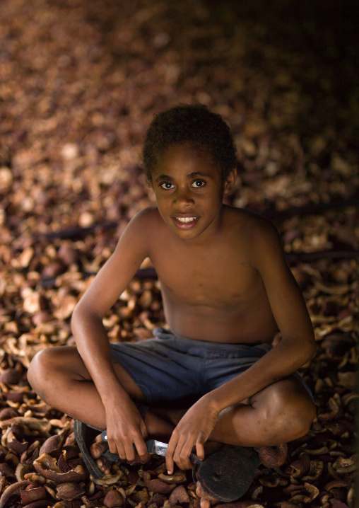 Ni-Vanuatu boy in a copra factory, Sanma Province, Espiritu Santo, Vanuatu