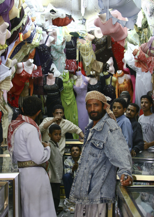 Men Gathering In A Women Clothes Shop In Al Hodeidah Souq, Yemen