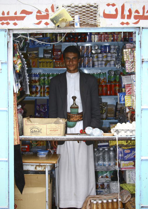 Salesman In His Shop In Al Hajjara, Yemen